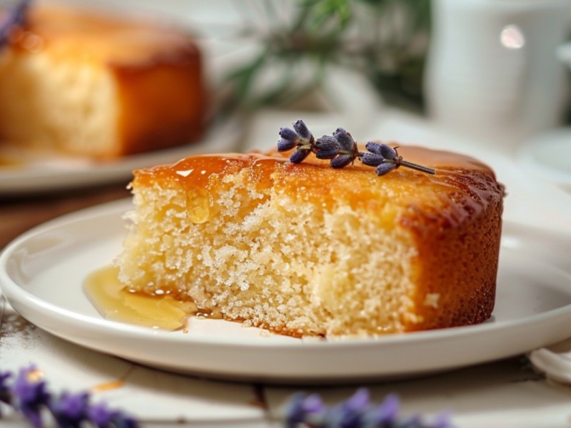 Lavendel-Honig-Kuchen auf einem weißen Teller