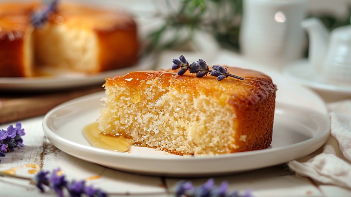 Lavendel-Honig-Kuchen auf einem weißen Teller