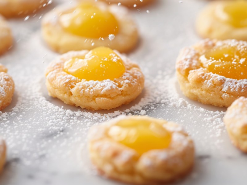 Lemon-Curd-Cookies mit Puderzucker auf Backpapier.