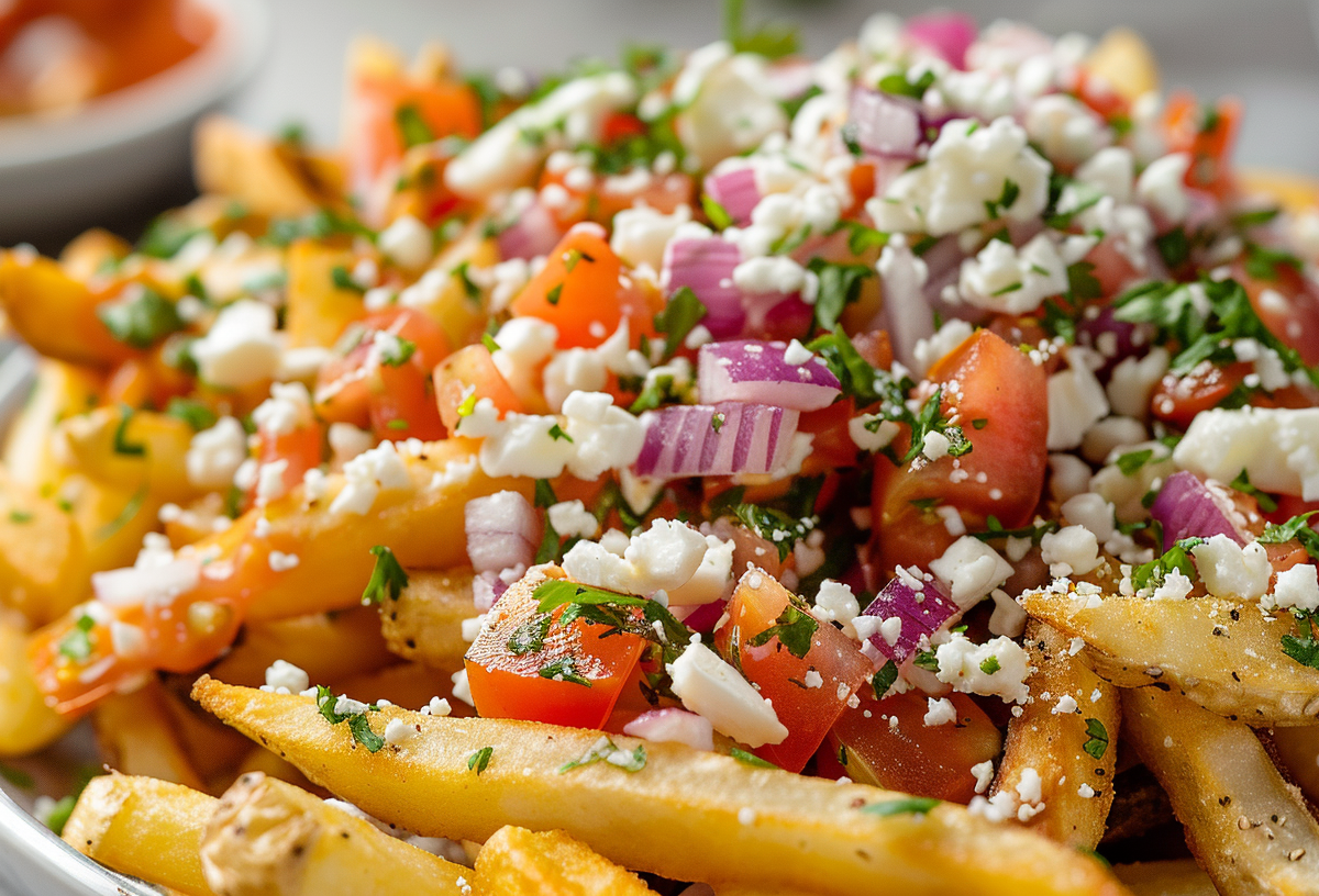 Loaded Fries mit Tomaten und Feta sowie roten Zwiebeln, garniert mit Petersilie, Nahaufnahme.