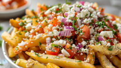 Loaded Fries mit Tomaten und Feta sowie roten Zwiebeln, garniert mit Petersilie, Nahaufnahme.