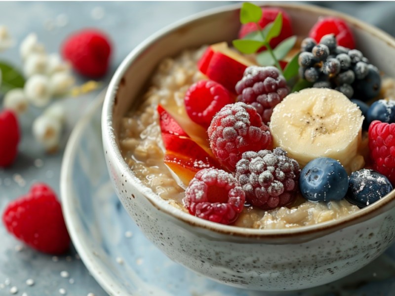 Lupinen-Porridge mit Früchten in einer hellen Schale.