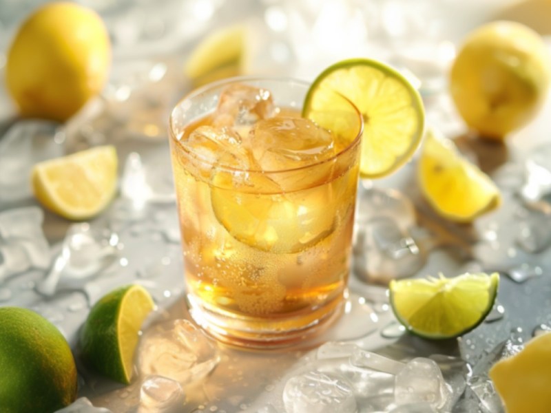 Ein Glas Lynchburg Lemonade. Drumherum Limetten und Zitronen.