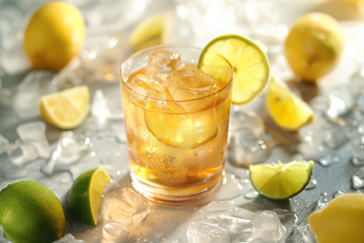 Ein Glas Lynchburg Lemonade. Drumherum Limetten und Zitronen.