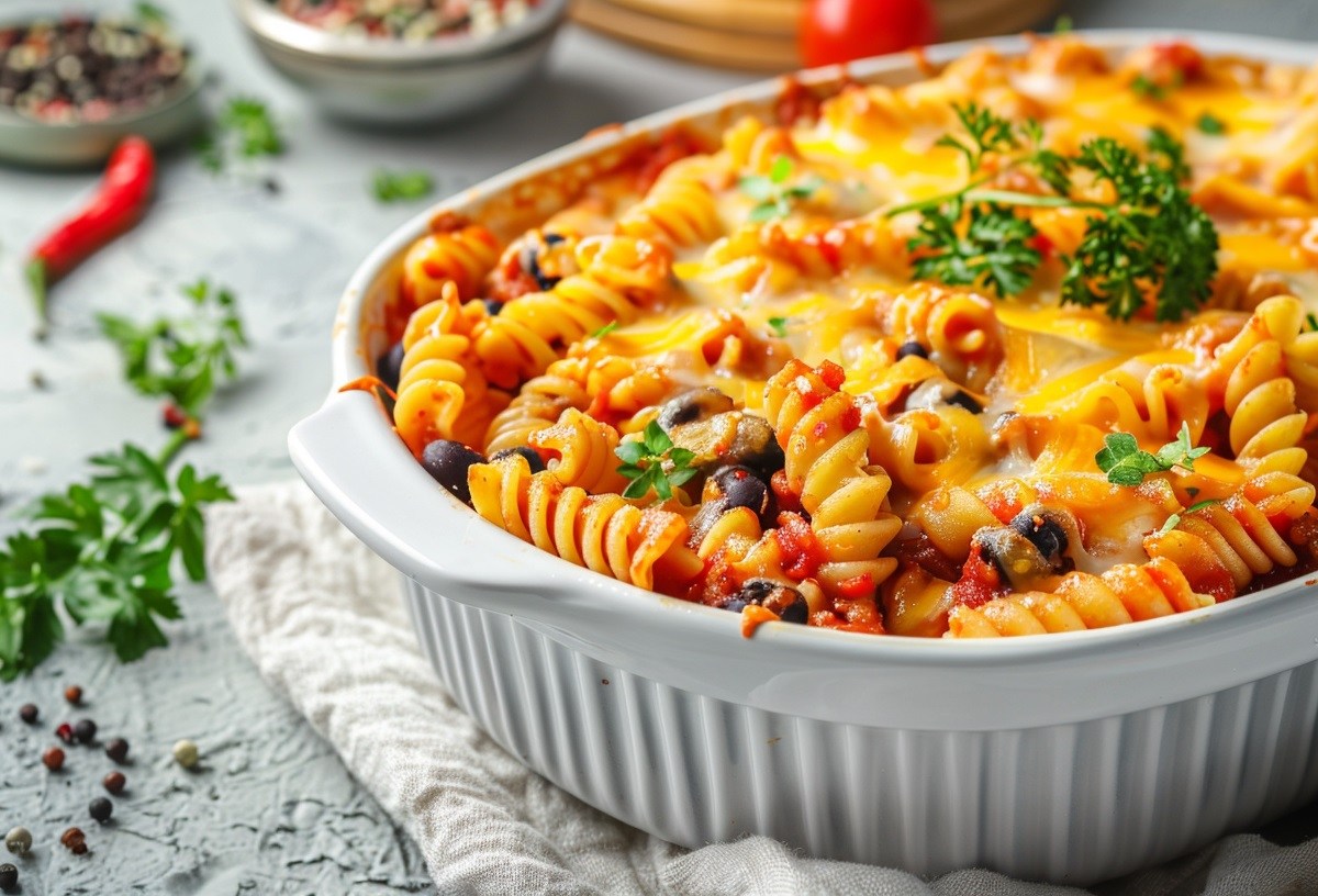 Eine Auflaufform mit mexikanischem Nudelauflauf mit Bohnen und Käse überbacken, garniert mit Kräutern.