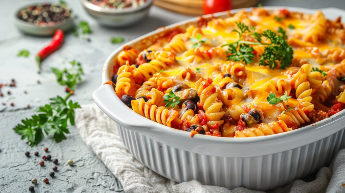 Eine Auflaufform mit mexikanischem Nudelauflauf mit Bohnen und Käse überbacken, garniert mit Kräutern.