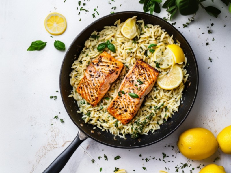 Orzo-Zitronen-Pfanne mit Lachs