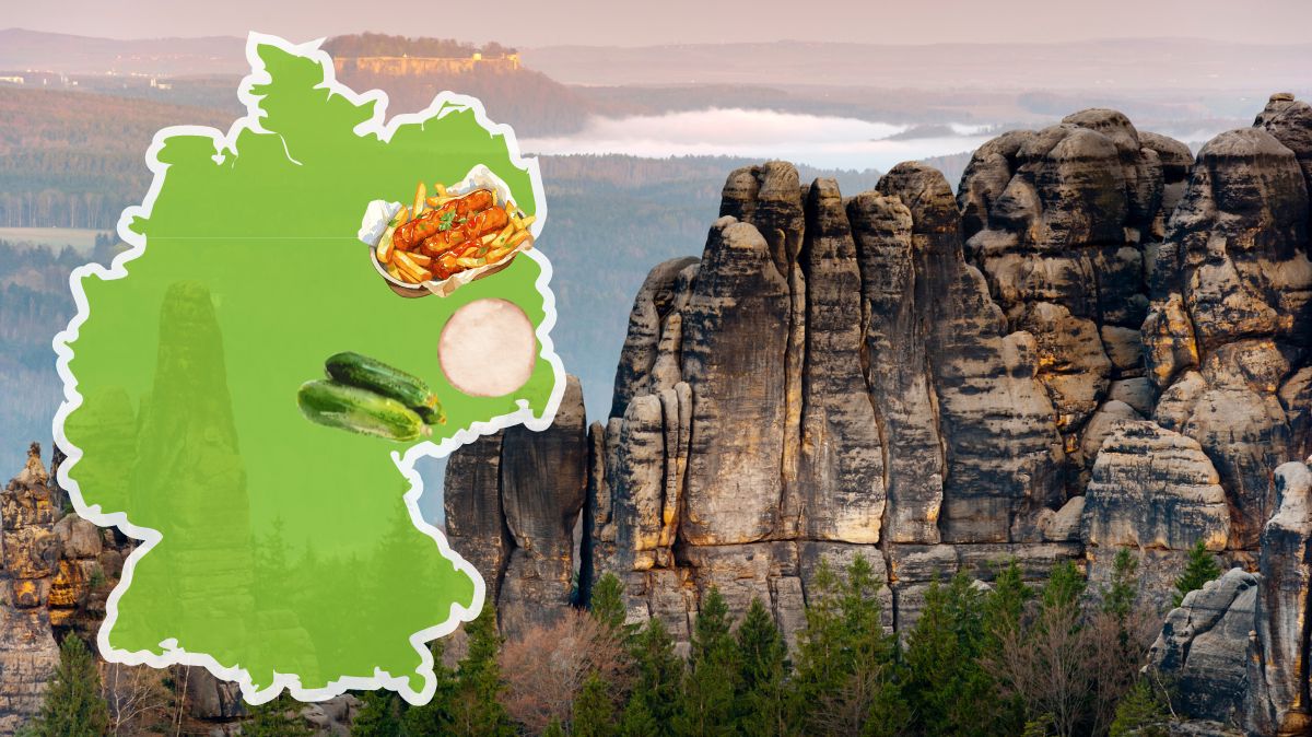 Ostdeutsche Küche: Die Felsformationen der sächsischen Schweiz. Darauf eine grüne Deutschlandkarte, in dessen Osten Bilder von Currywurst, Amerikaner und Gurken zu sehen sind.