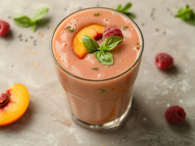 Glas mit Pfirsich-Himbeer-Smoothie mit Basilikumblättern.