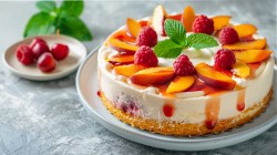 Pfirsich-Melba-Kuchen auf hellem Hintergrund mit Obstdeko.