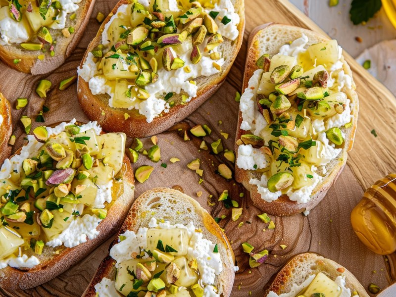 Brett mit Ricotta-Pistazien-Toasts und Honiglöffel daneben