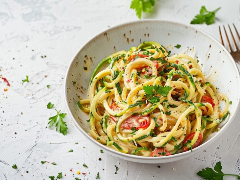 Scharfe Zoodles mit Chili auf hellem Hintergrund.