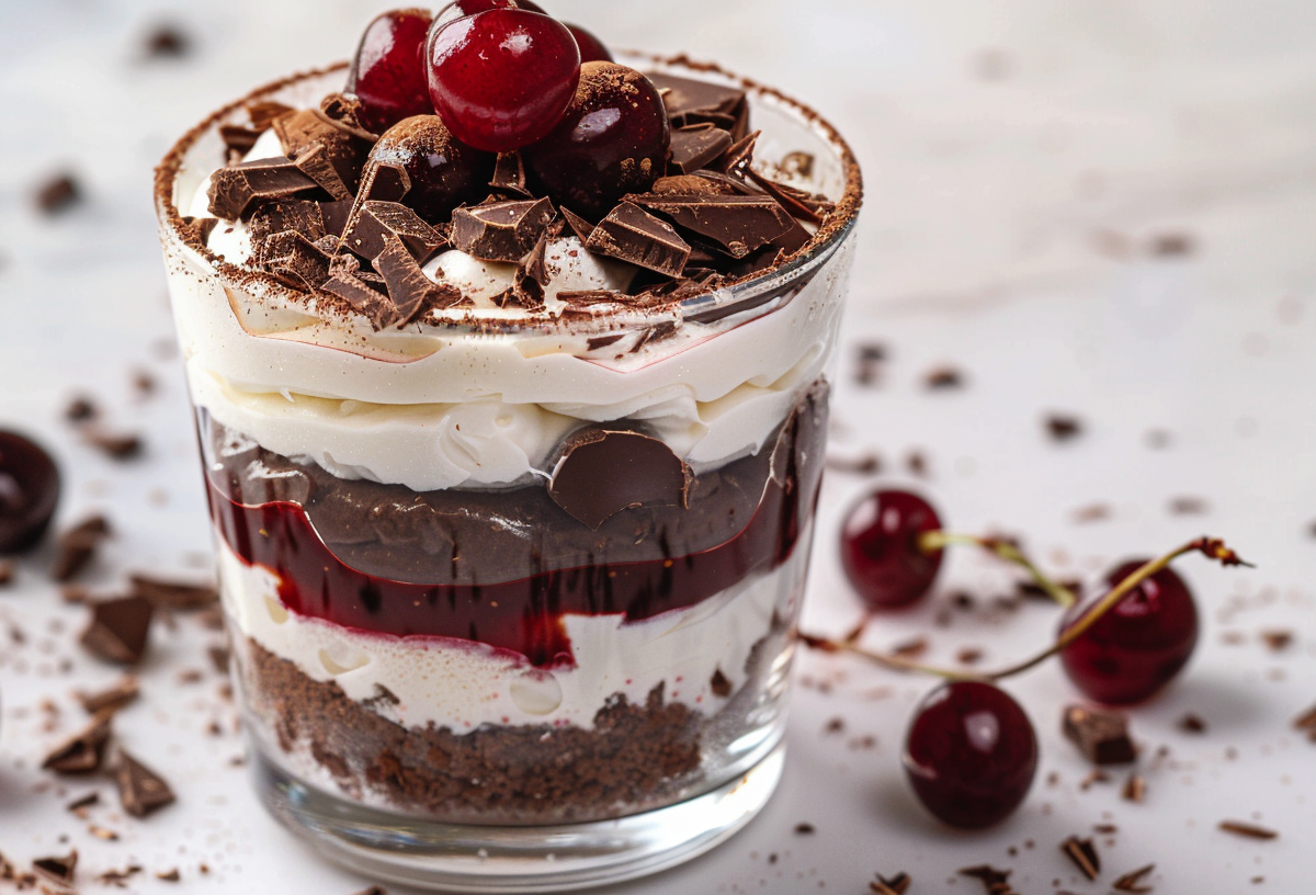 Schwarzwälder Kirschtorte im Glas garniert mit Cocktailskirschen und gehackter Schokolade, drumherum frische Kirschen. Nahaufnahme.