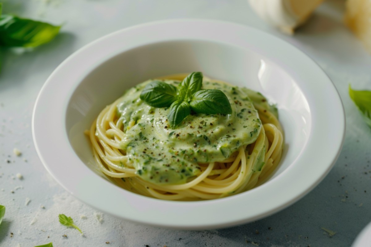 Ein Teller Spaghetti mit Zucchini-Soße.