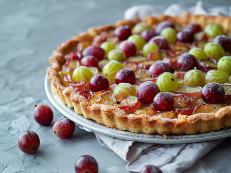 Stachelbeer-Tarte auf einem Kuchentablett. Drum herum liegen weitere Stachelbeeren.