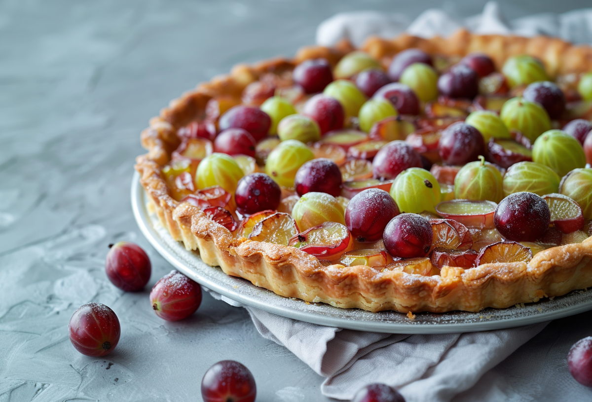 Stachelbeer-Tarte auf einem Kuchentablett. Drum herum liegen weitere Stachelbeeren.