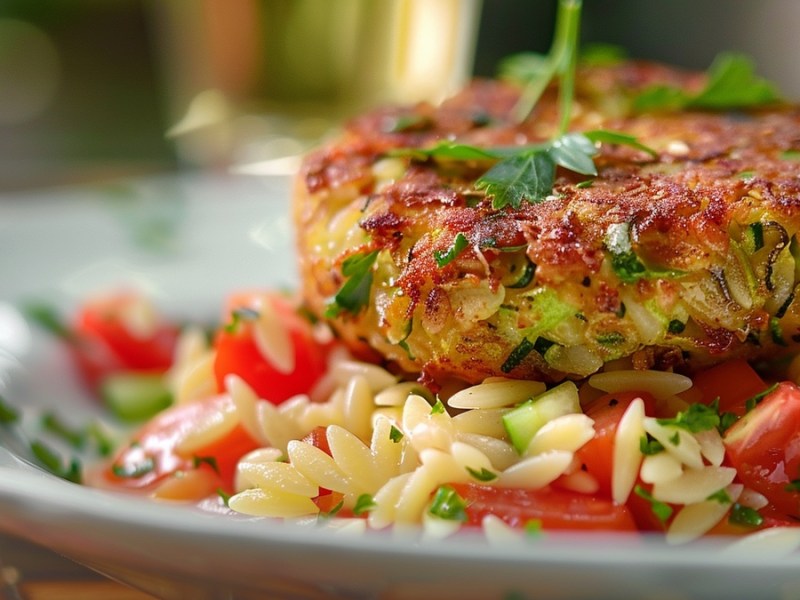 Zucchini-Bratlinge mit Orzo-Tomatensalat auf weißem Teller.