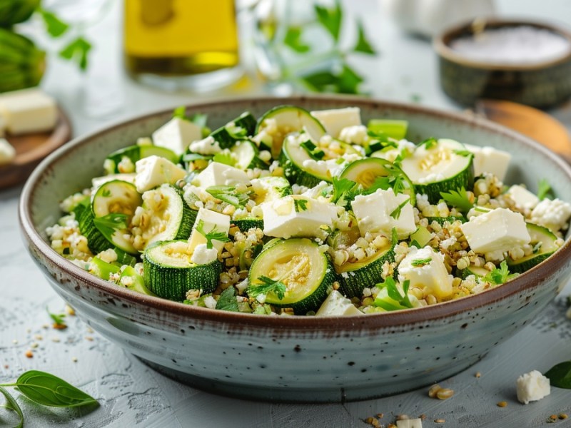 Zucchini-Bulgur-Salat in heller Schüssel.