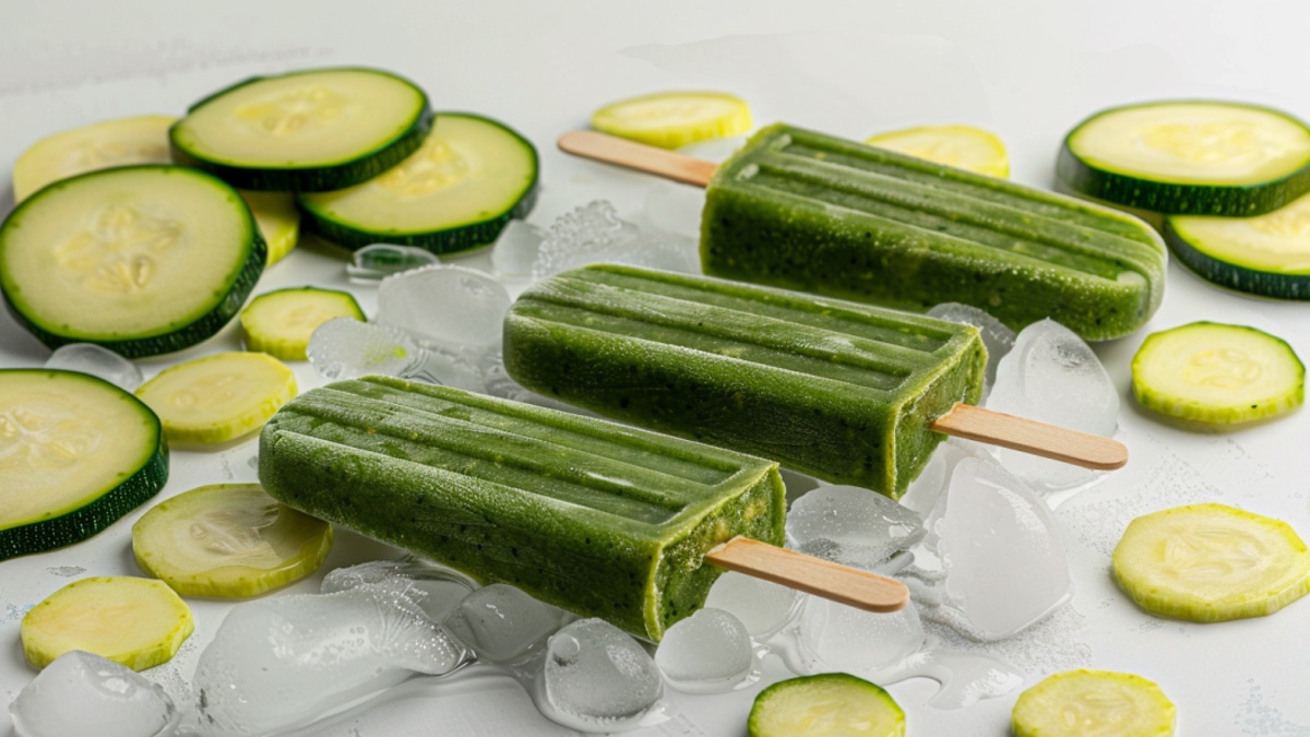 Zucchini-Eis auf hellem Hintergrund und Zucchinischeiben.