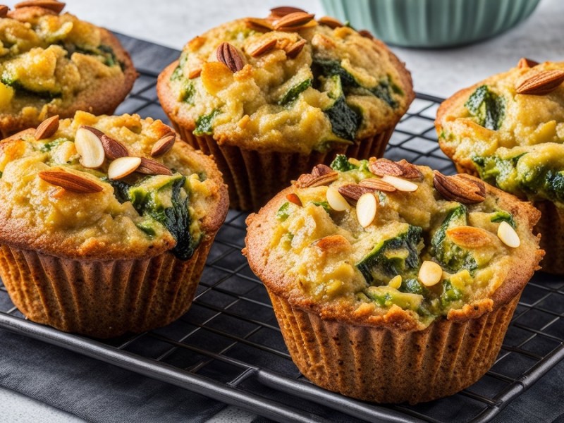 Zucchini-Mandel-Muffins auf einem dunklen Backblech.