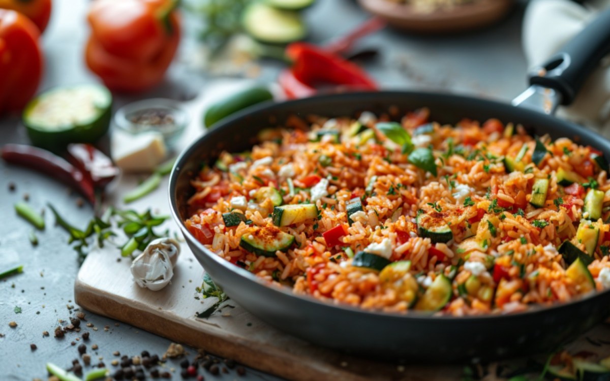 Eine Zucchini-Pfanne mit Reis. Im Hintergrund sind frische Zutaten zu sehen.