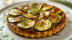 Zucchini-Tarte-Tatin auf einem weißen Teller und Rosmarin.