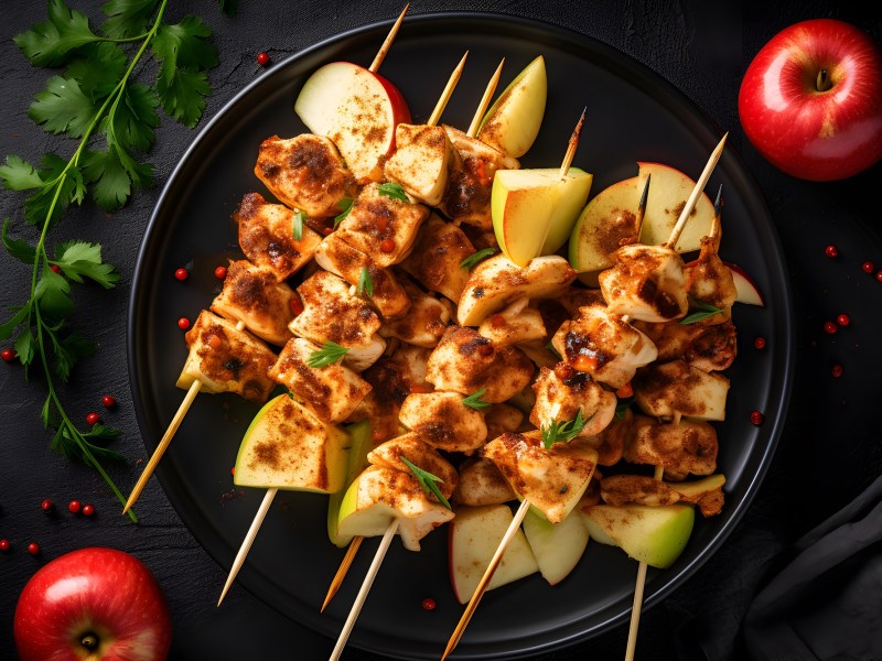 Apfel-Hähnchen-Spieße auf einem Teller