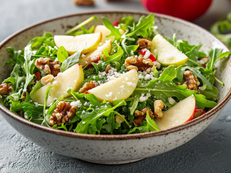 Eine Schale Apfel-Rucola-Salat mit Walnüssen und Parmesan.