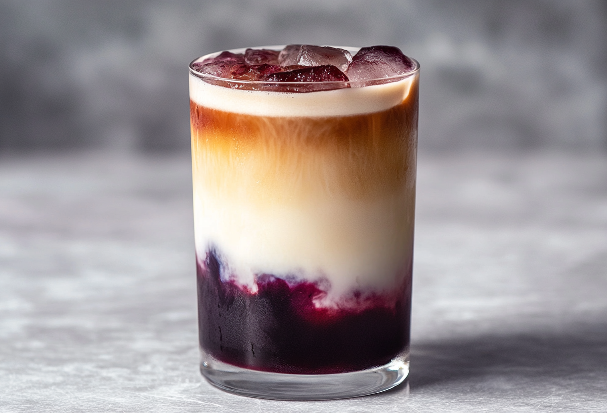 Ein Glas Blueberry Iced Latte auf einem grauen Untergrund.