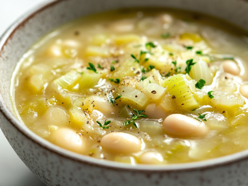 Eine Schüssel Bohnen-Lauch-Suppe in der Nahaufnahme.