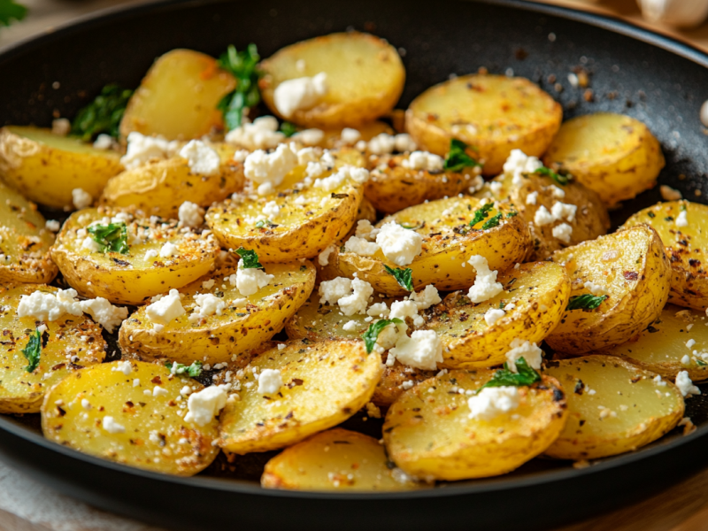 Eine Pfanne mit Bratkartoffeln mit Feta und Oregano, Nahaufnahme.