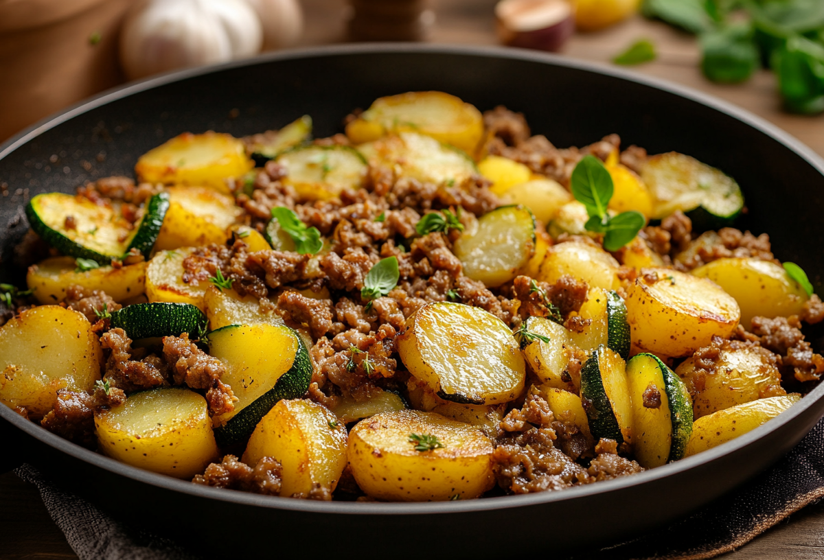 Eine Pfanne Bratkartoffeln mit Zucchini und Hackfleisch.