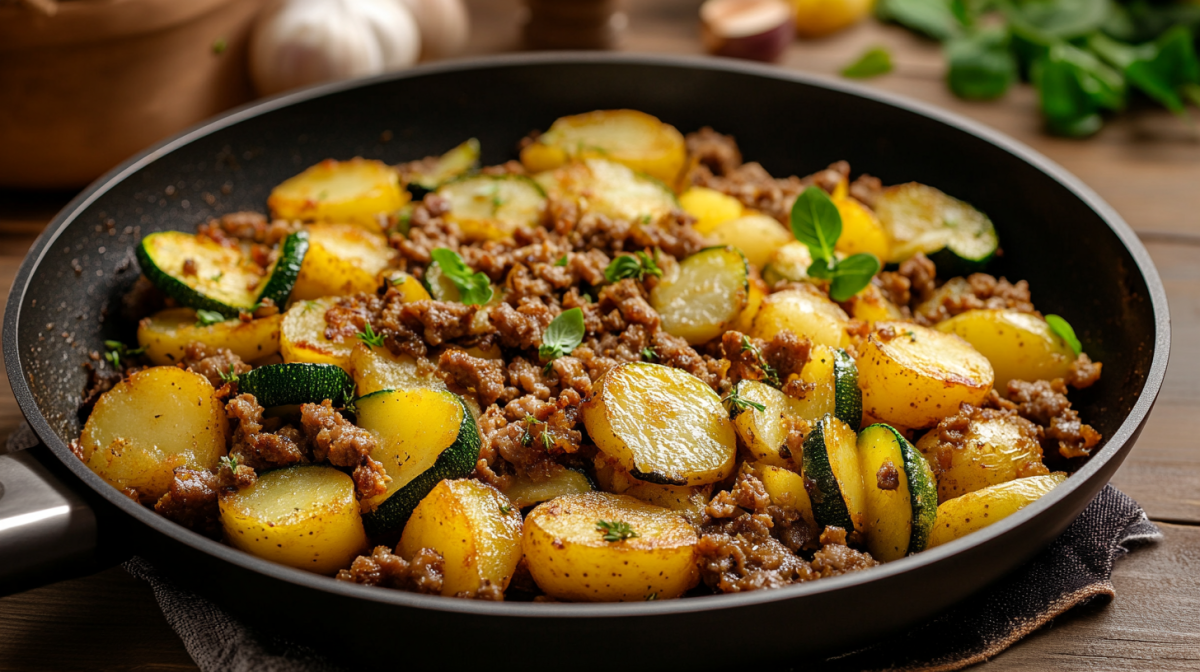 Eine Pfanne Bratkartoffeln mit Zucchini und Hackfleisch.