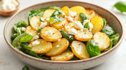 Bratkartoffelsalat mit Feta und Feldsalat in einer Schüssel.