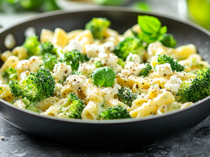 Teller mit Brokkoli-Nudel-Pfanne mit Feta