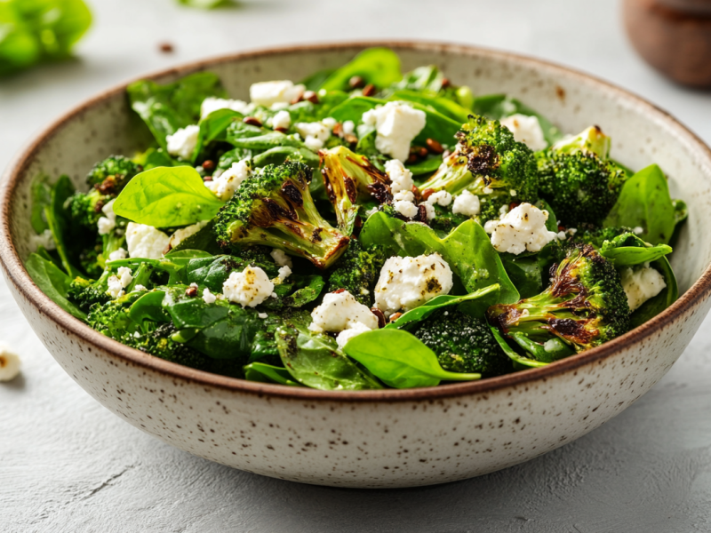 Brokkolisalat mit Feta und Pesto in einer hellen Schüssel.