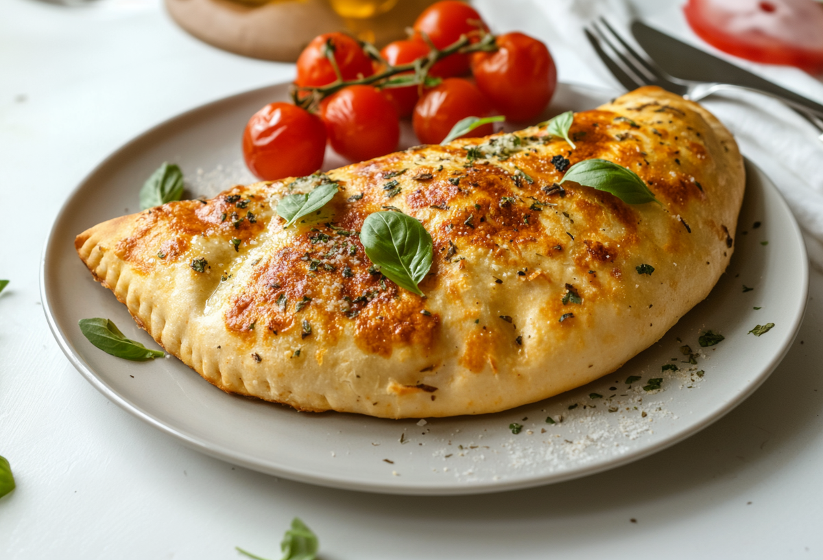 Calzone auf einem Teller, daneben liegen gebackene Krirschtomaten.