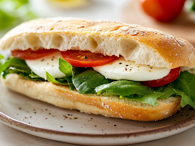 Ein Caprese-Sandwich mit Focaccia, Tomaten, Mozzarella und Salat auf einem Teller.