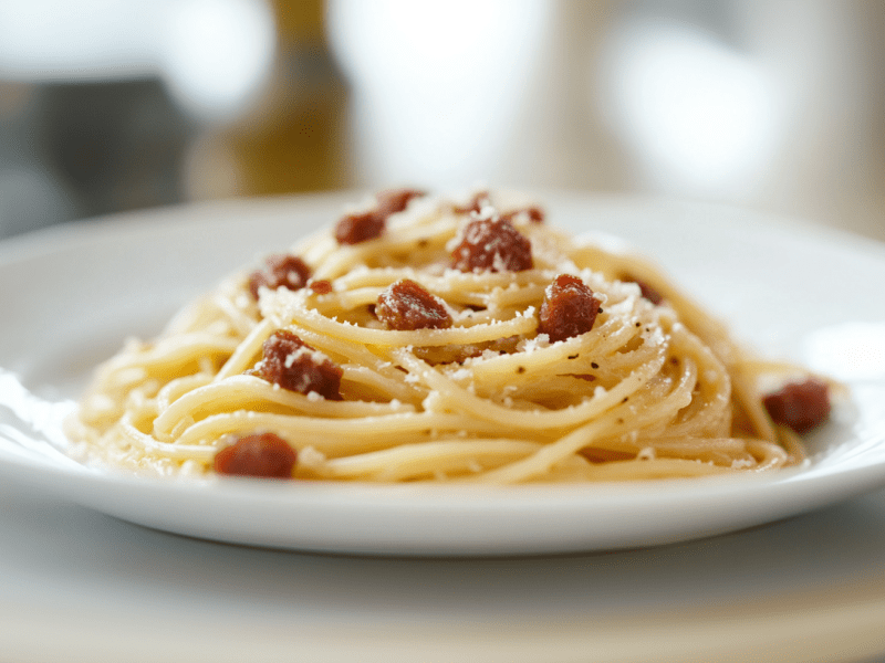 Chorizo Carbonara auf einem weißen Teller.