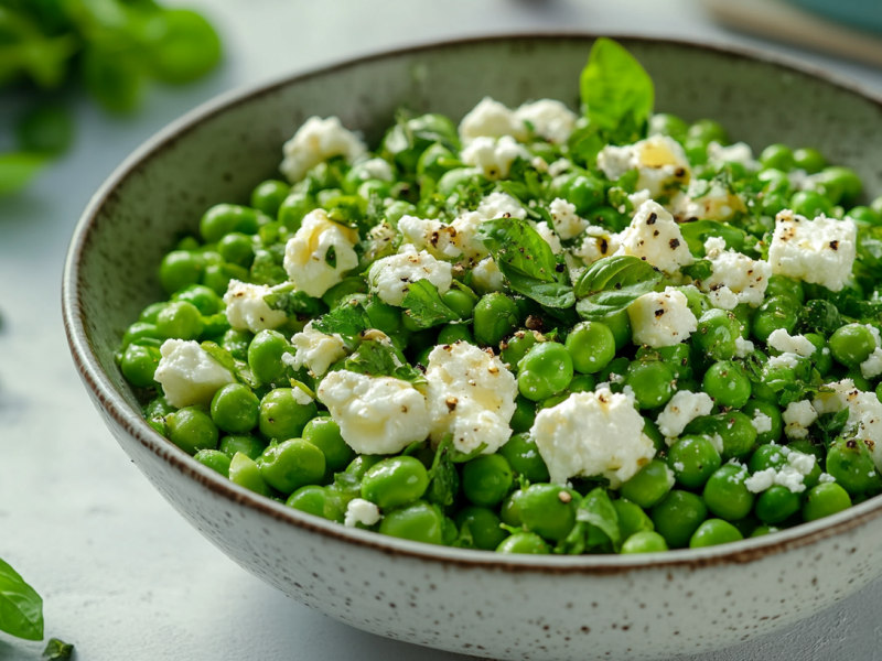 Erbsensalat mit Feta in einer Schüssel