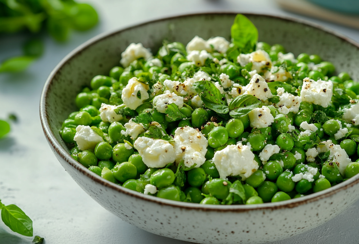 Erbsensalat mit Feta in einer Schüssel