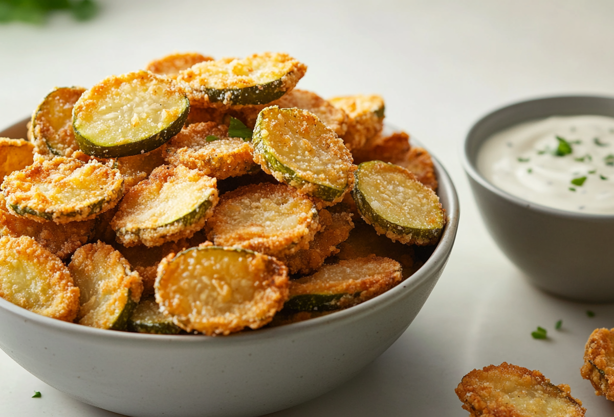 Eine Schale frittierte Gewürzgurken, daneben eine schale mit weißem Dip.