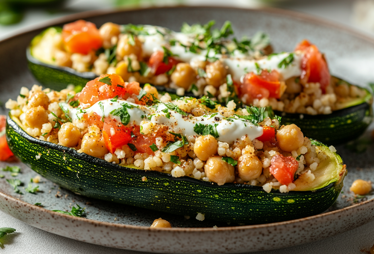 zwei halbe gefüllte Zucchini mit Couscous, Tomaten und Kichererbsen auf einem Teller, garniert mit Joghurt und gehackten Kräutern.