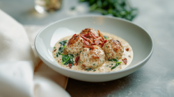 Teller mit Hackbällchen in Parmesansoße