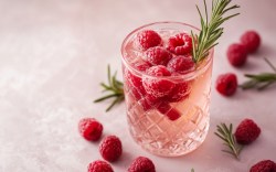 Ein Glas imbeer-Rosmarin-Limonade mit frischen Beeren und Rosmarinzweigen.