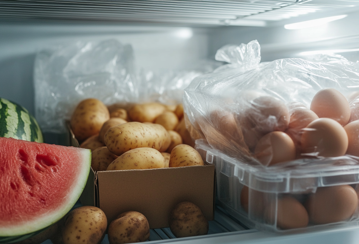 Lebensmittel nicht einfrieren: Ein Gefrierfach, in dem Kartoffeln, Eier und Wassermelone liegen.