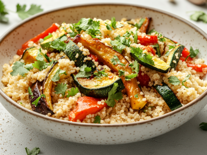 Marokkanischer Couscous mit Zucchini, Aubergine und Paprika in einer Schüssel.