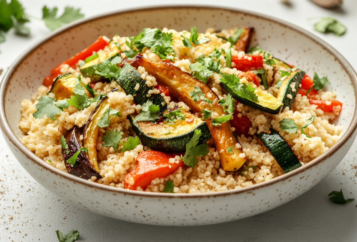 Marokkanischer Couscous mit Zucchini, Aubergine und Paprika in einer Schüssel.