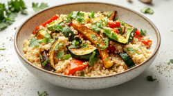 Marokkanischer Couscous mit Zucchini, Aubergine und Paprika in einer Schüssel.