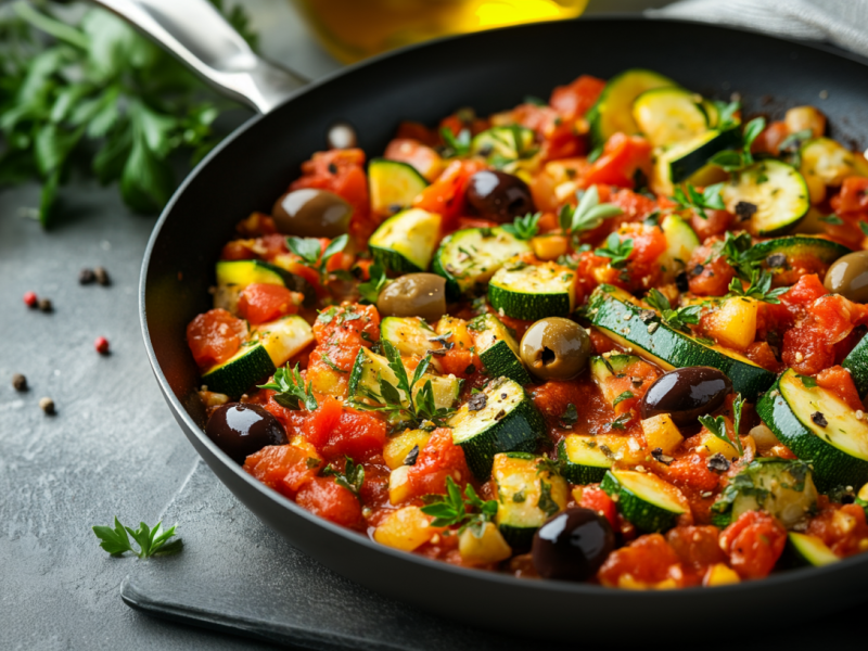 Eine mediterrane Zucchinipfanne mit Oliven auf einem Schiefer-Untergrund.